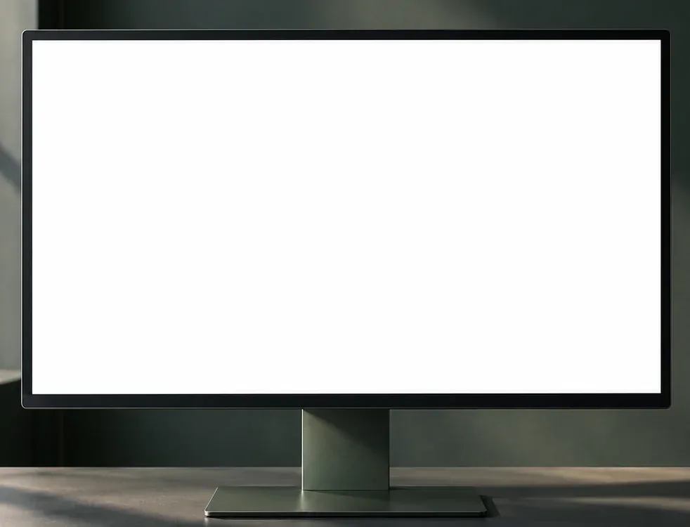 Un monitor su una scrivania scura, in una stanza verde scuro con luce naturale.